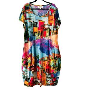 Orientique Naturals Australia multi color graphics cotton midi dress pockets sho